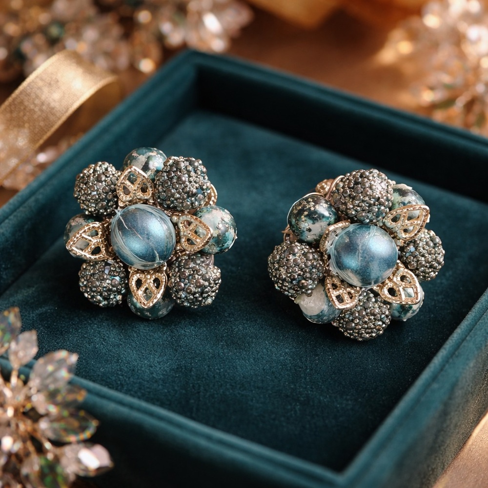 Vintage Signed Japan Chic Blue‎ and Gold Cluster Clip On Earrings